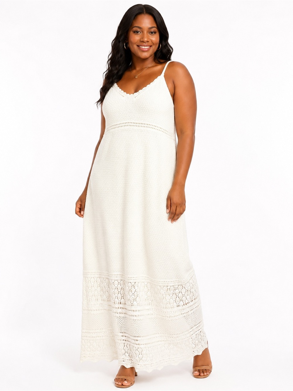 Freshman 1990 Crochet Knit Maxi Dress XL Ivory Lined Boho Cottagecore Summer